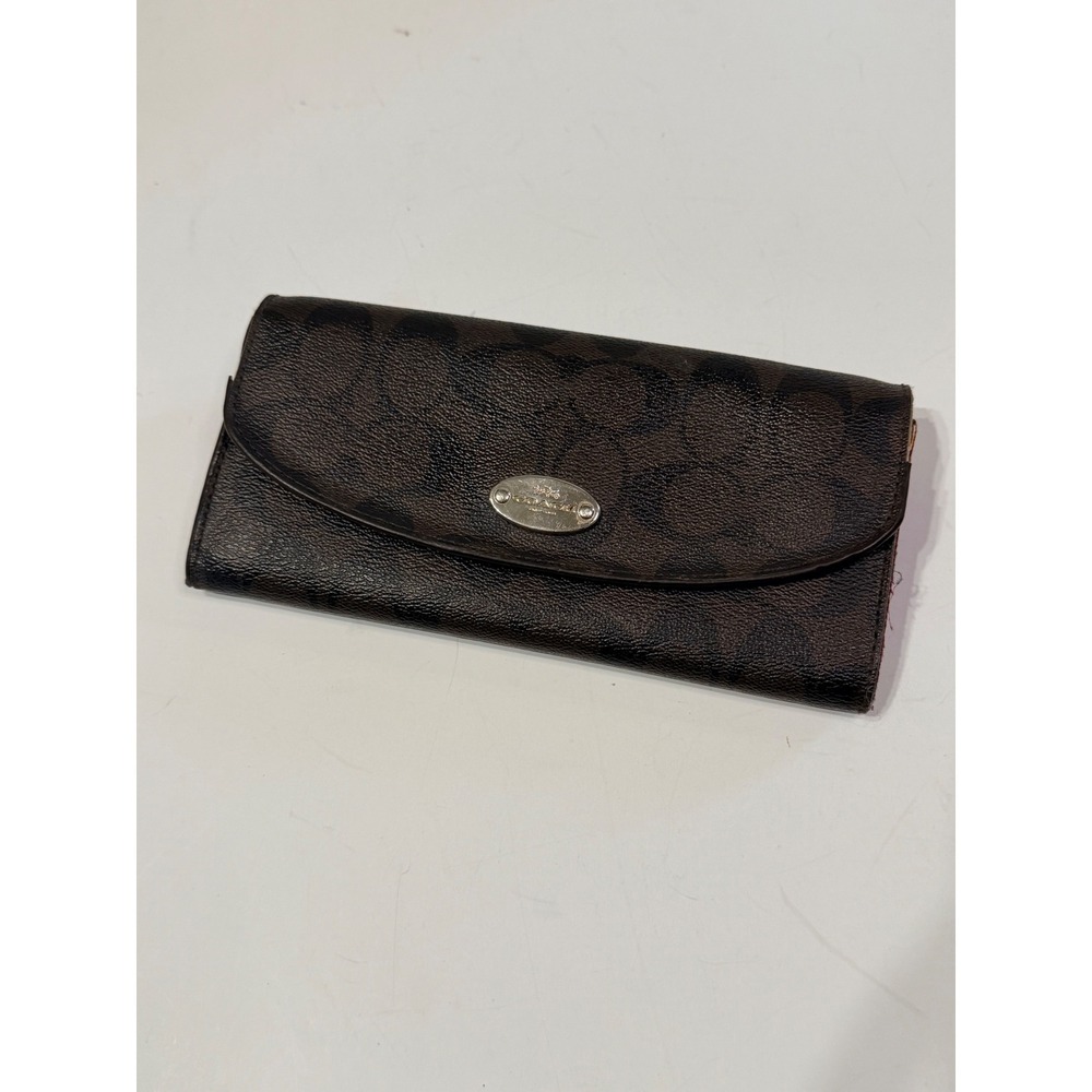 Coach Signature Monogram Slim Envelope Wallet Brown Pink Interior Logo Plaque